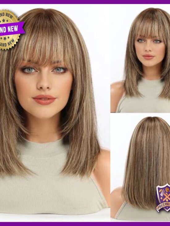 14 Inch Straight Human Hair Wig with Bangs, Layered Cut, Natural Look